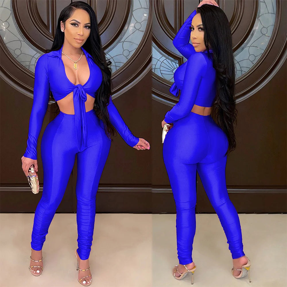 Women's Fashion Casual Slim Fit Two-Piece Set Open Shirt Butterfly Knot Long Sleeve Top with Long Pants Eye-Catching Streetwear
