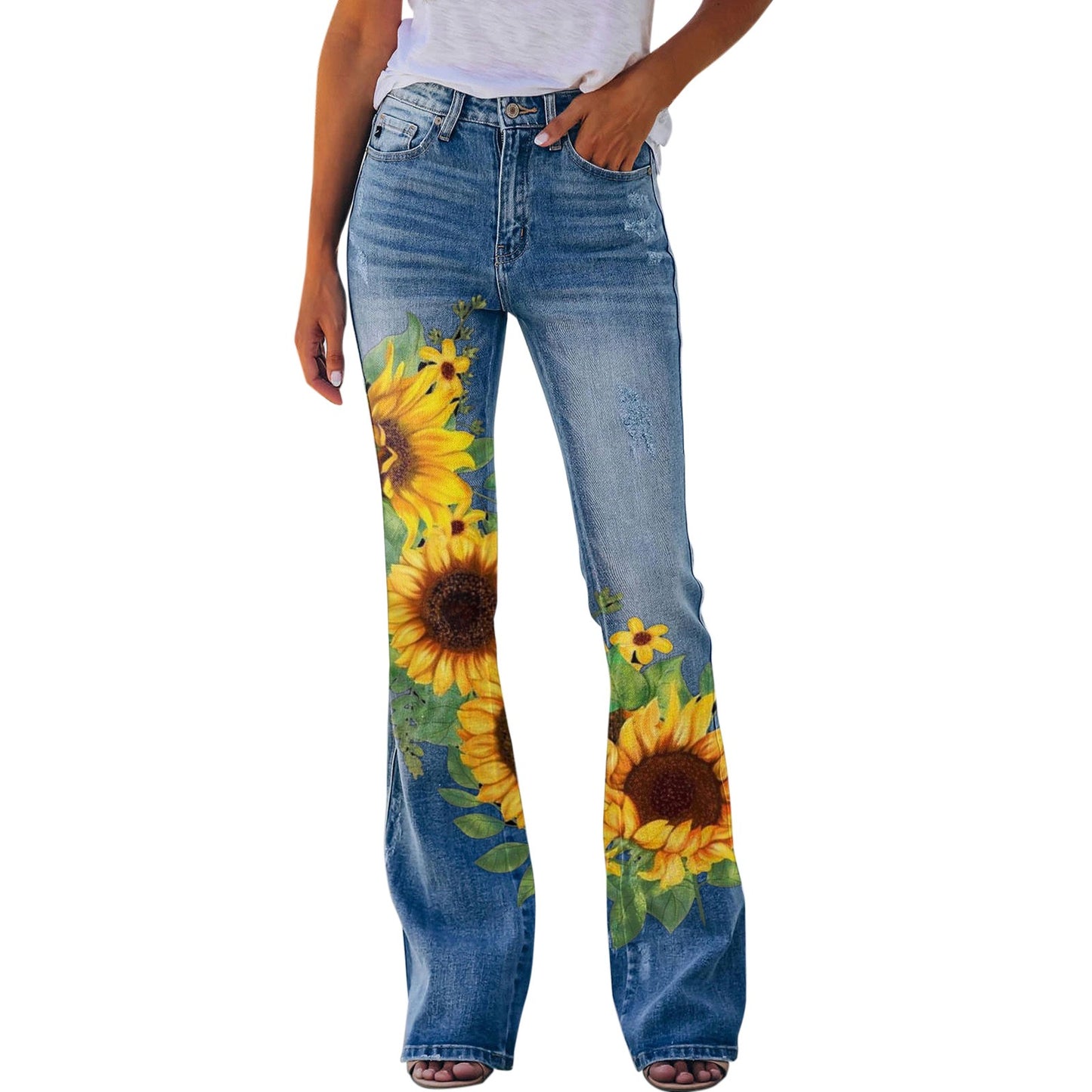 Y2K Ladies Retro Flared Jeans Floral Printed Slim-Fit Denim Trousers Baggy Style for Streetwear