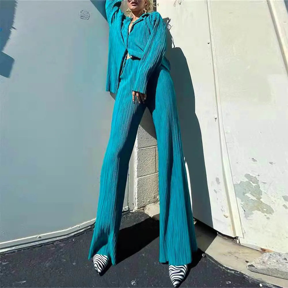 New Spring And Autumn Suit Women's Pleated Lapel Shirt Loose Casual Suit Solid Color Drape Pleated Casual Suit
