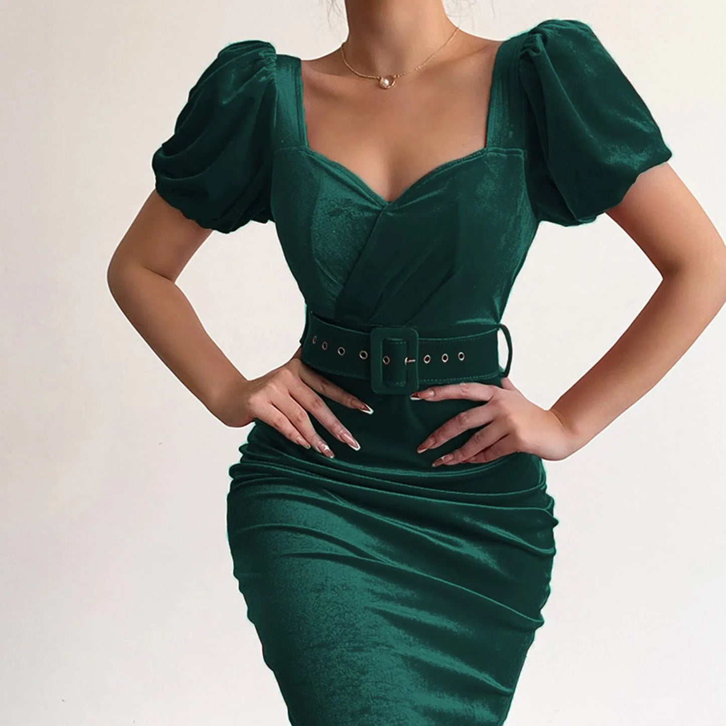 Dress Elegant Solid Color Waistband Sexy Low Neck Bubble Sleeve Velvet Hip Wrap Dress Formal Dresses For Wedding Guest
