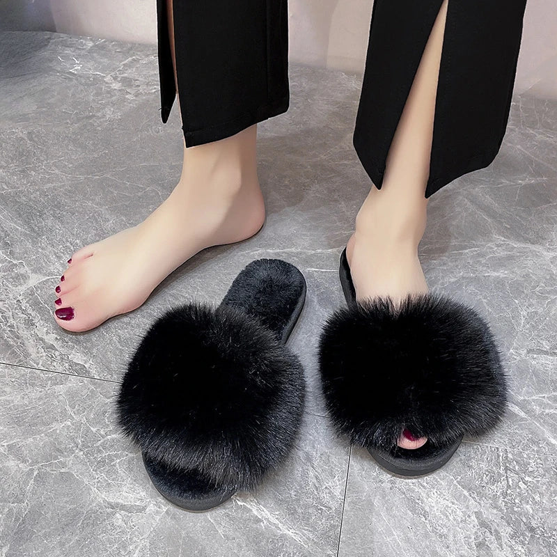 Women's Home Slippers Winter Pink Fur Kawaii Flats Furry Elegant Comfortable Soft Shoes for Woman and Low Price