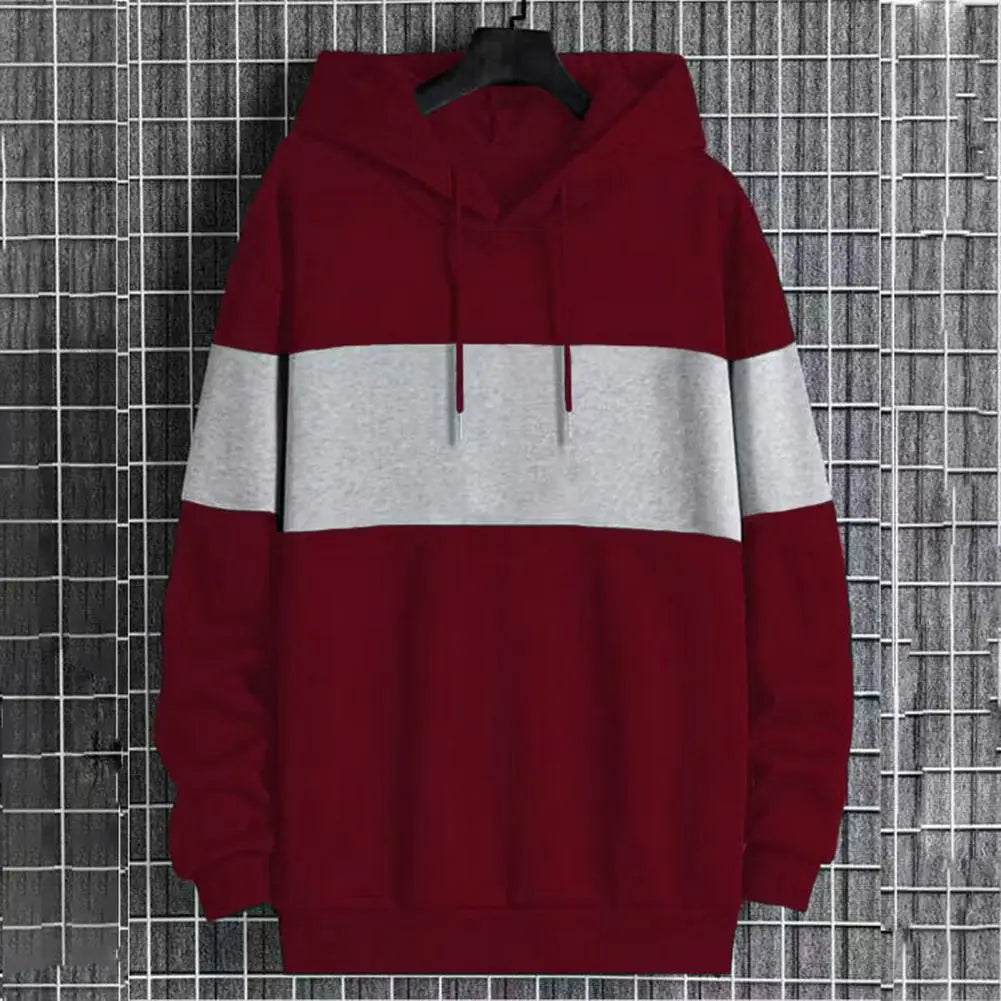 Men Autumn Winter Hoodie Plush Color Matching Drawstring Sweatshirt Loose Pullover Elastic Cuff Warm Soft Mid Length Men Hoodie