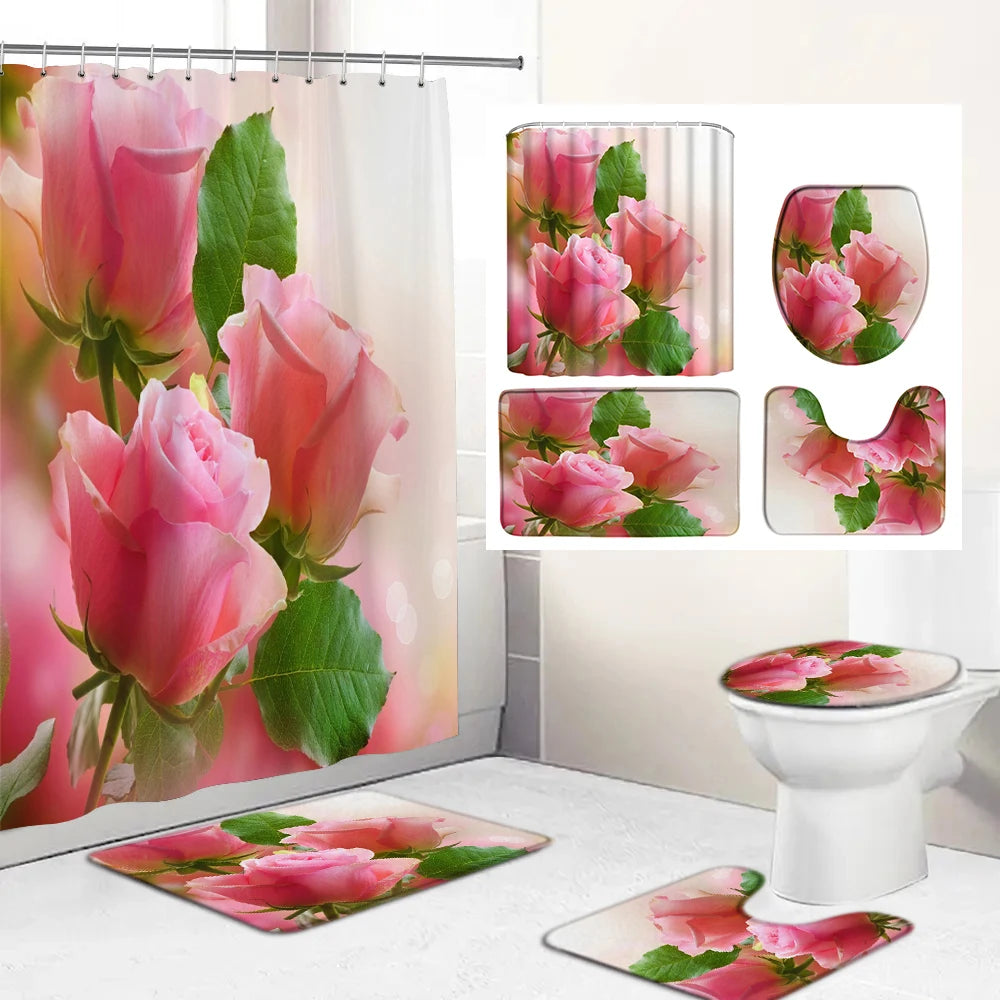 Butterfly Rose Flower Printed Waterproof Bathroom Shower Curtain Set Non-Slip Bath Mat Rug Sets Toilet Cover Bathroom Decor