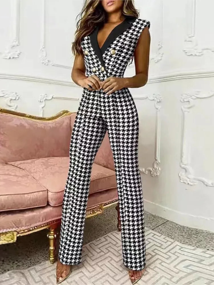 New Elegant Women's Plaid Jumpsuit Chic Office Ladies 2024 Summer Sleeveless V Neck High Waist Button Work Jumpsuit