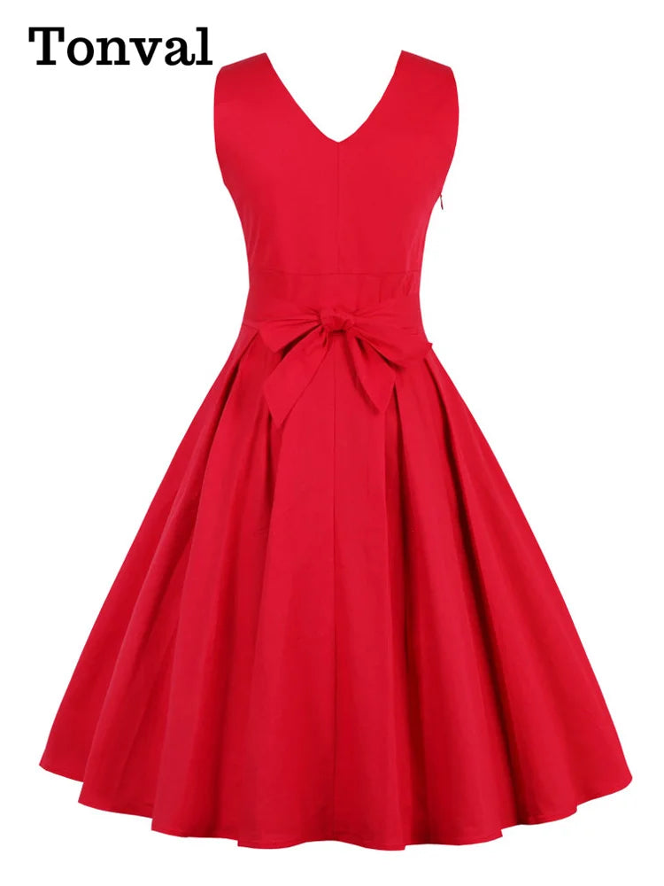 Tonval Red Pleated Plain Solid Vintage Dress Women Wrap V-Neck Belted Elegant Party Retro Cotton Summer Dresses
