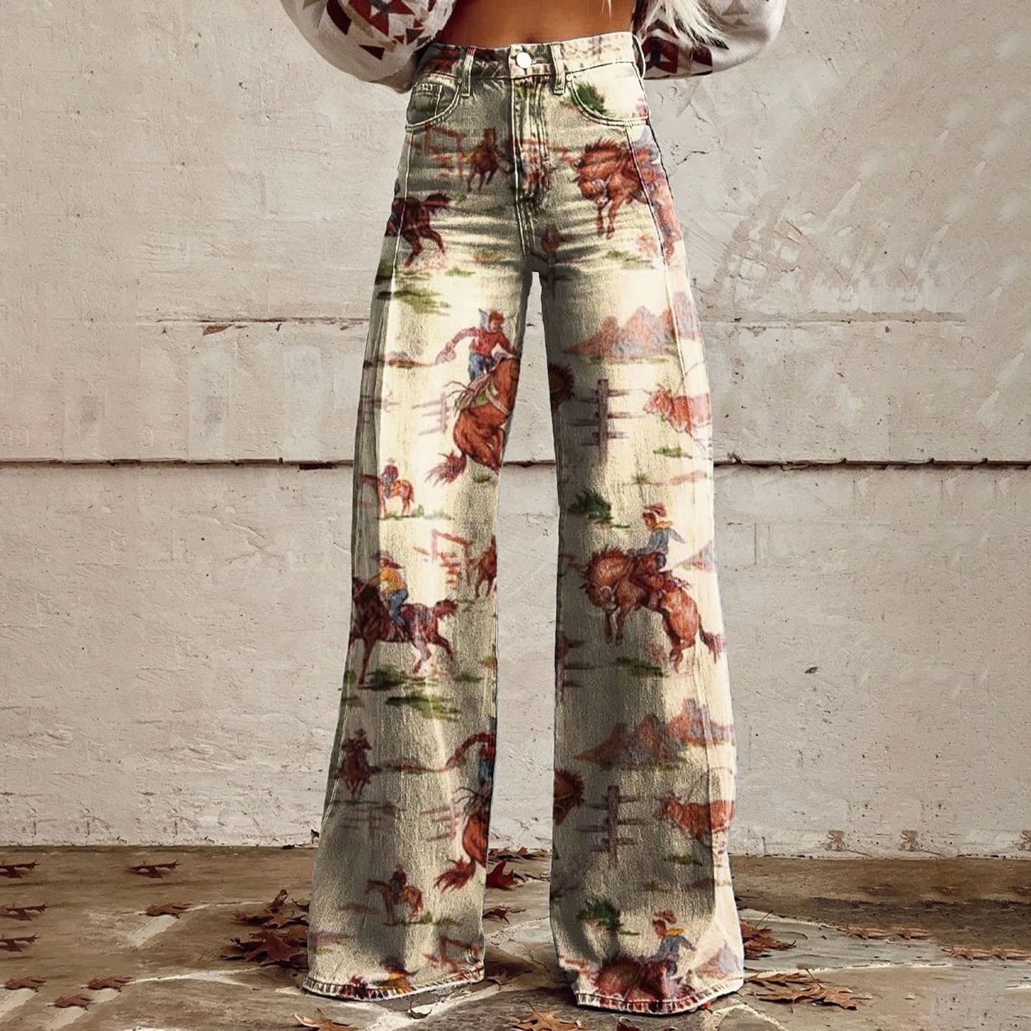 Casual Vintage Wide Leg Imitation Jeans High Waisted Women's Fashion Loose Fit Denim Pants with 90s Floral Print and Pocket Button