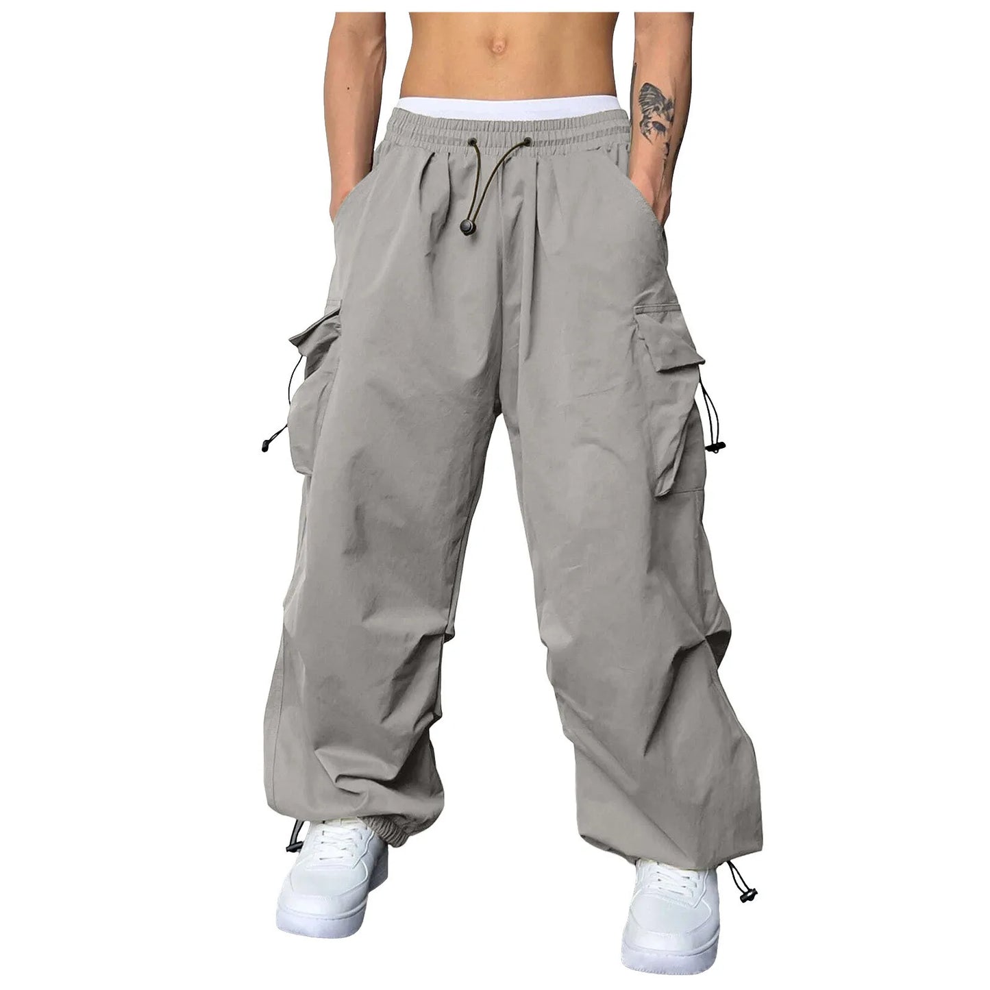 Oversized Men's Casual Pants Woven Pocket Foot Rope Solid Color Street Cargo Pants
