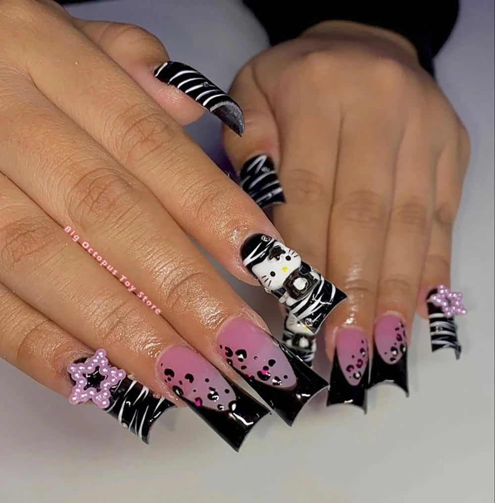 Xxl Euro-Americaen Long Square Cartoon Fake Nails Hello Kitty Mymelody Kuromi Luxury Diamond Handmade Nail Tips Party Sticker