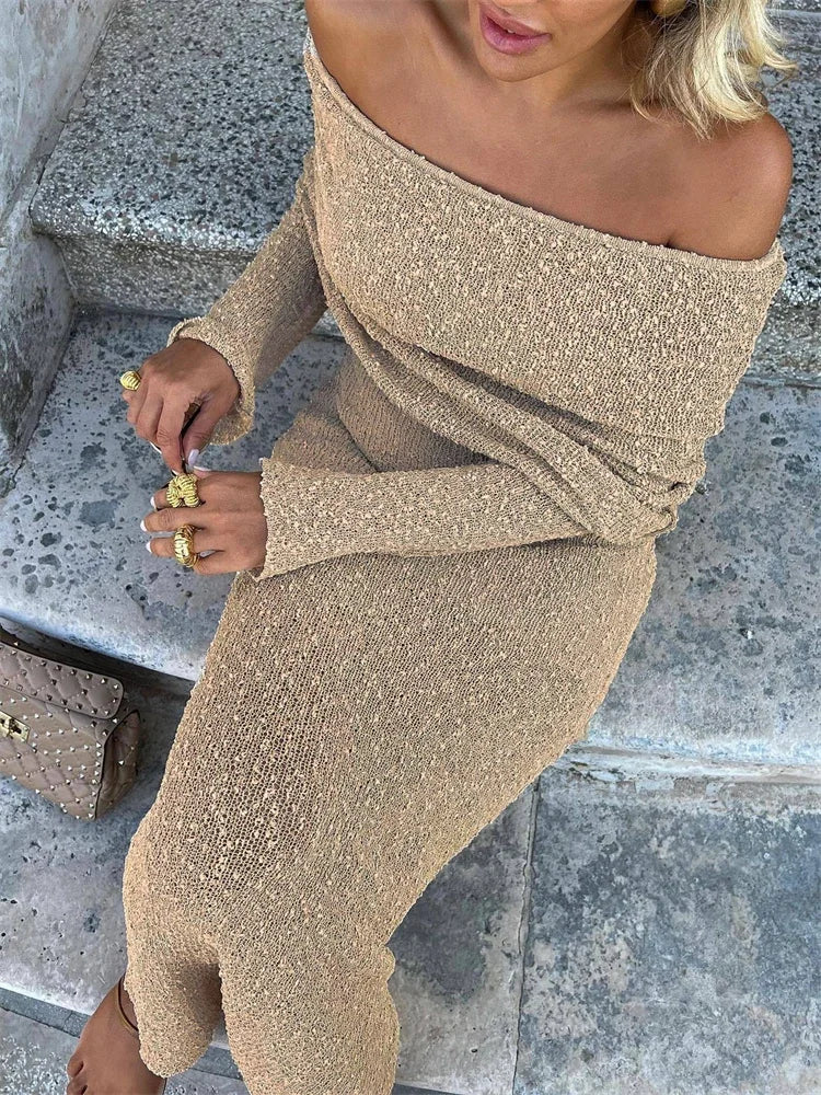 Knit Hollow Out Off-Shoulder Maxi Dress Female Cover up Loose Long Sleeve Holiday Beach Party Dress Women Knitwear Dress
