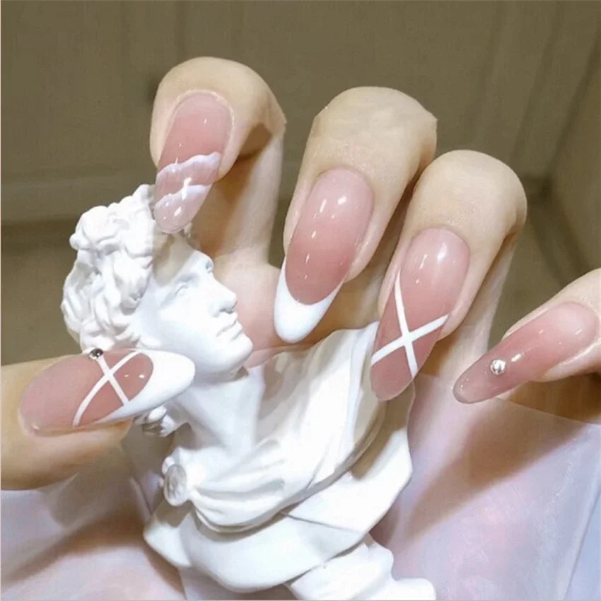 24Pcs/Set Press on Nails Gradient Point Drill Ballet Wearing False Nails Long French Stick on Nail Artificial Acrylic Fake Nails