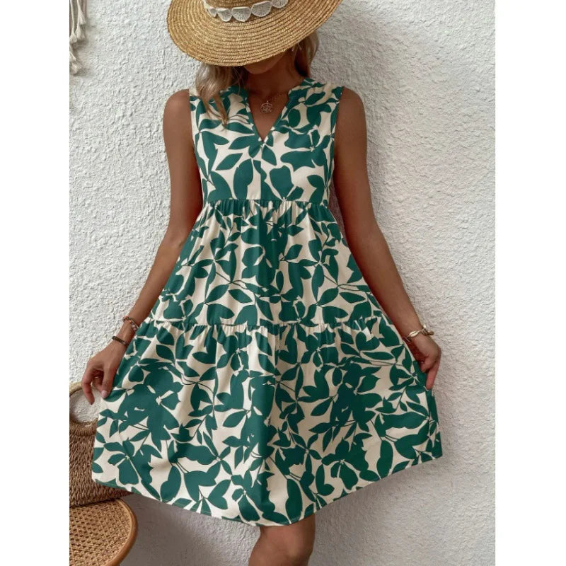 Fashion V-neck Sleeveless Boho Print Mini Dress Women Summer Casual Loose Pleats Short Dresses For Women Vestidos