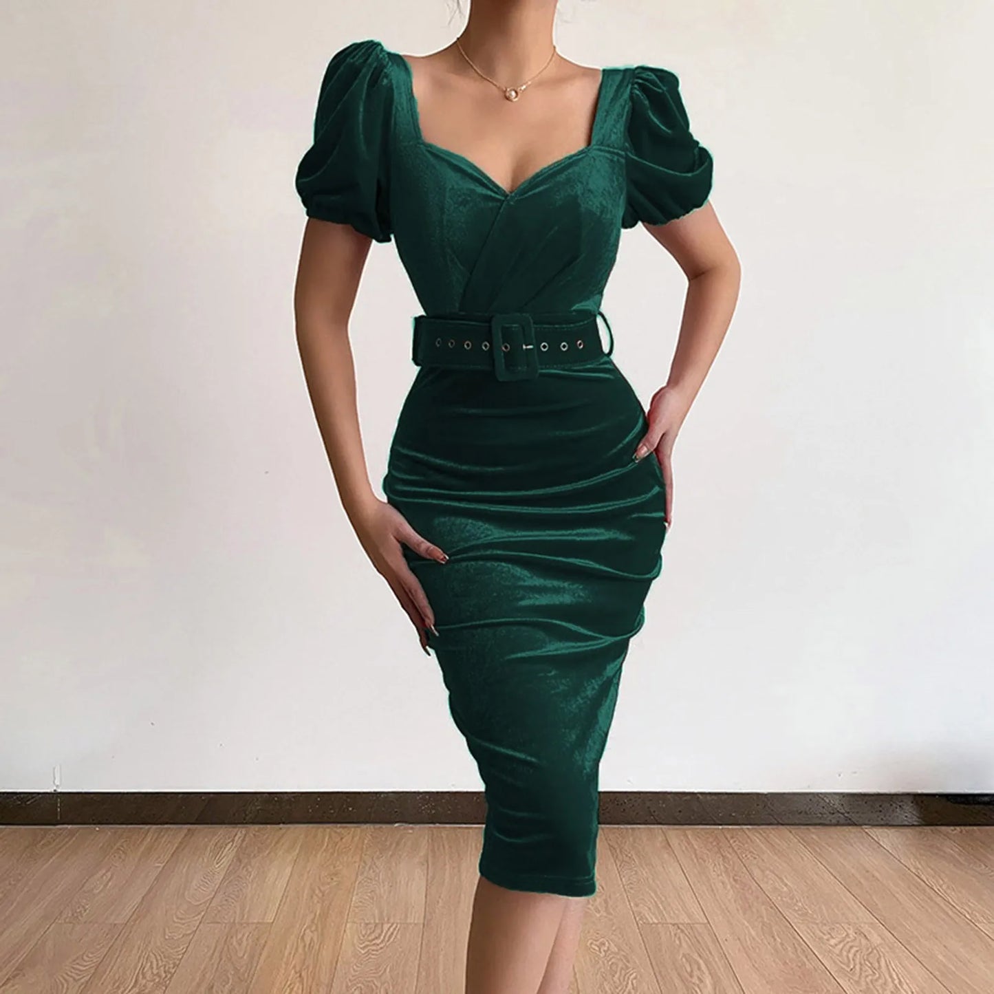 Dress Elegant Solid Color Waistband Sexy Low Neck Bubble Sleeve Velvet Hip Wrap Dress Formal Dresses For Wedding Guest