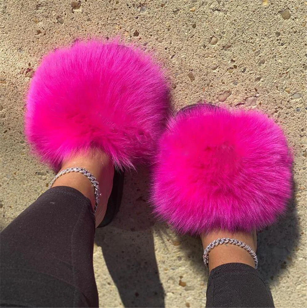 Hot Sale Summer Women Fox Fur Slippers Furry Slippers Designer Fur Slides Girls Black Fur Slides Gorgeous Big Fur Slides Sandal