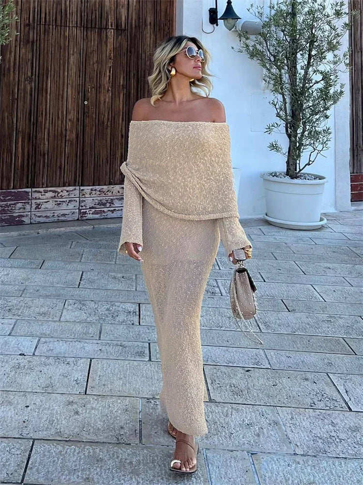 Knit Hollow Out Off-Shoulder Maxi Dress Female Cover up Loose Long Sleeve Holiday Beach Party Dress Women Knitwear Dress