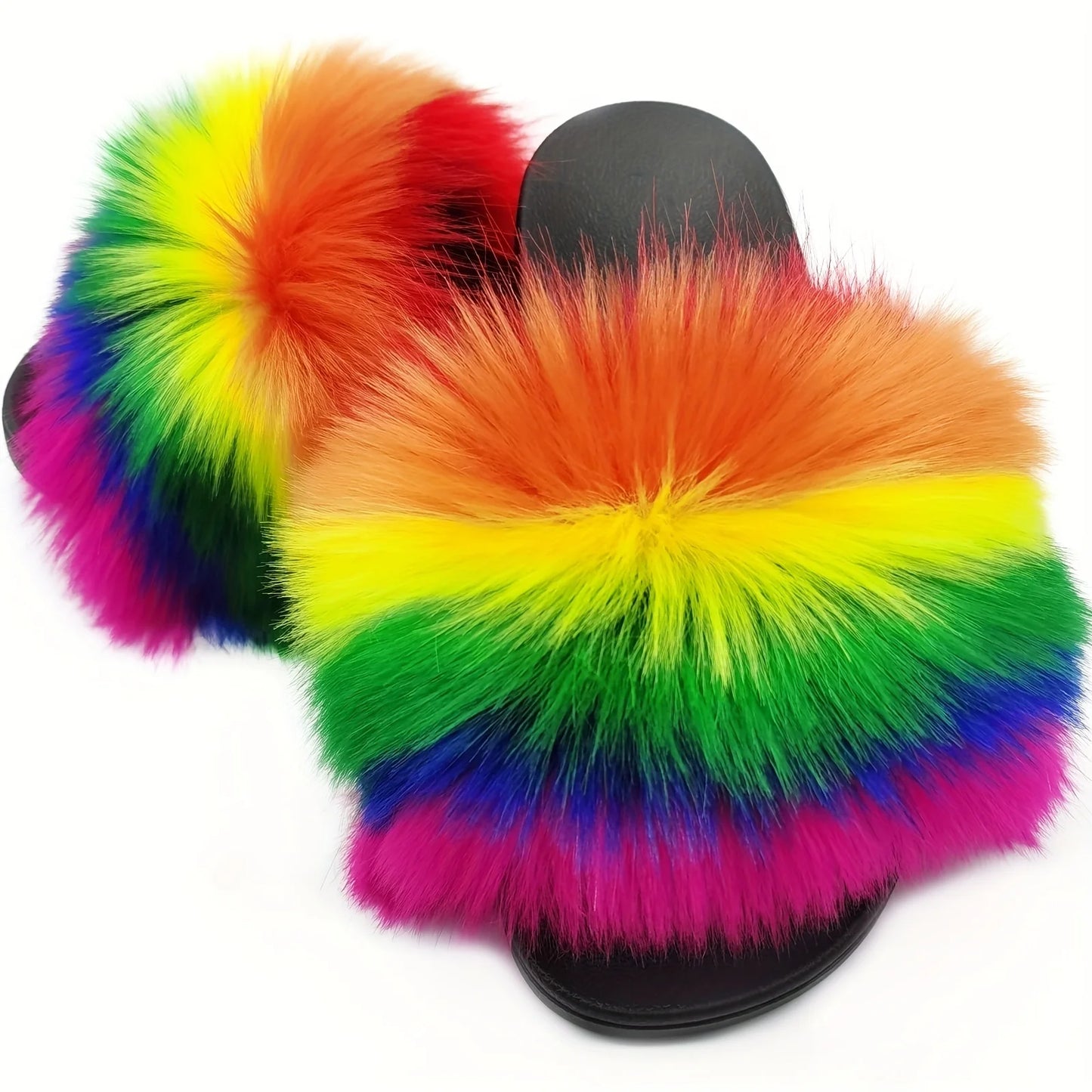 Women's Summer Rainbow Faux Fur Slippers Thick Non-slip Soles Breathable Home Fur Slides Outdoor Flip Flops Fuzzy Sandals