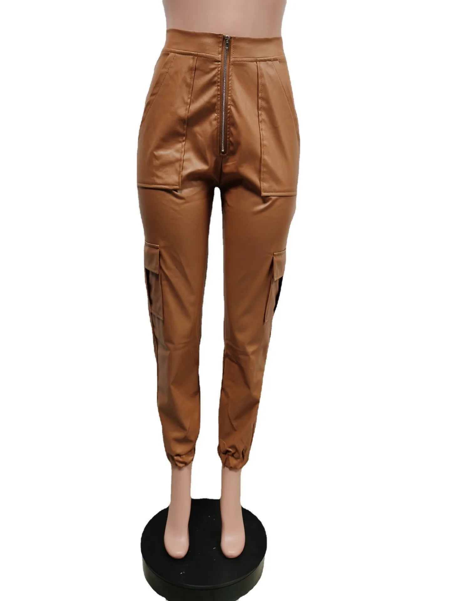 Autumn Winter Fashion Women's Trousers Faux Leather High Waisted Joggers with Zipper Multi Pocket Straight-Leg Cargo Pants
