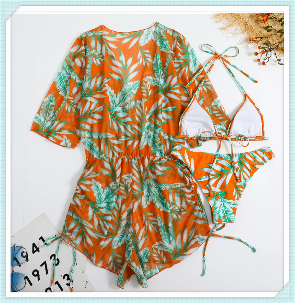 3 pieces Halter Bikini Tropical Print Swimsuit Drawstring Side Swimwear Women Long Sleeve Bathing Suit Female Swimming Beachwear