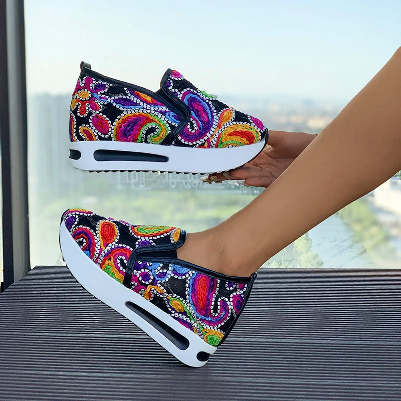 Embroidery Thick Platform Sneakers Women 2024Autumn Breathable Mesh Loafers Woman Plus Size 42 Slip on Wedge Heels Casual Shoes
