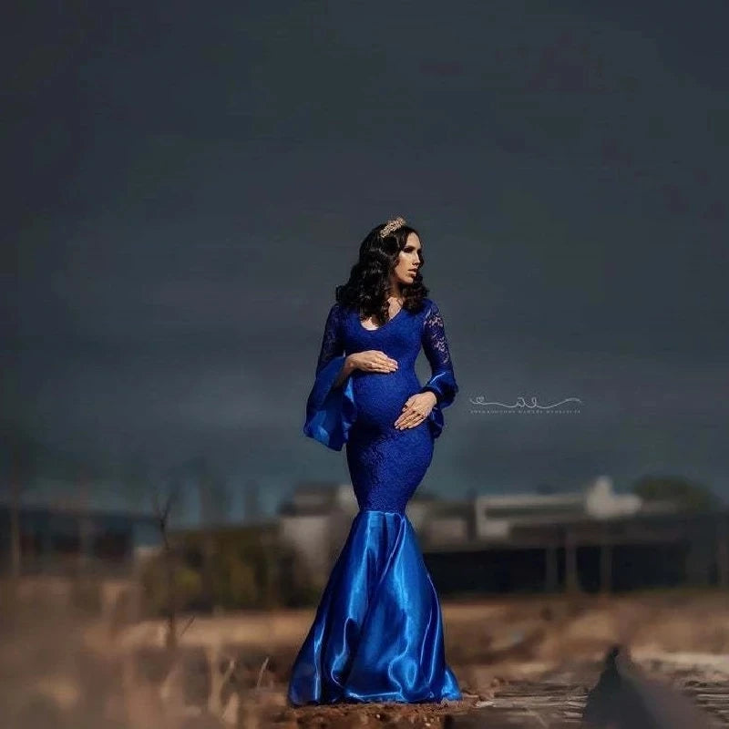 Hot! Women's Off Shoulder Lace Mermaid Maternity Maxi Dress V Neck Ruffle Long Sleeve Slim Fit Gown for Photography Baby Shower