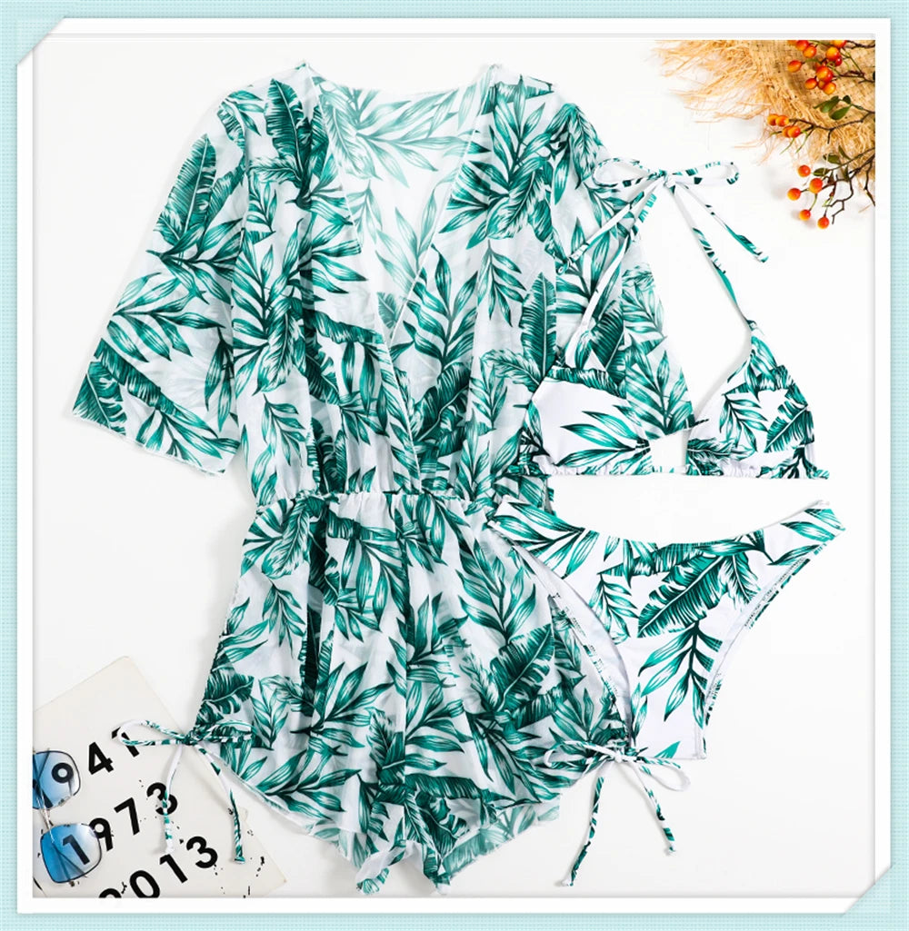 3 pieces Halter Bikini Tropical Print Swimsuit Drawstring Side Swimwear Women Long Sleeve Bathing Suit Female Swimming Beachwear