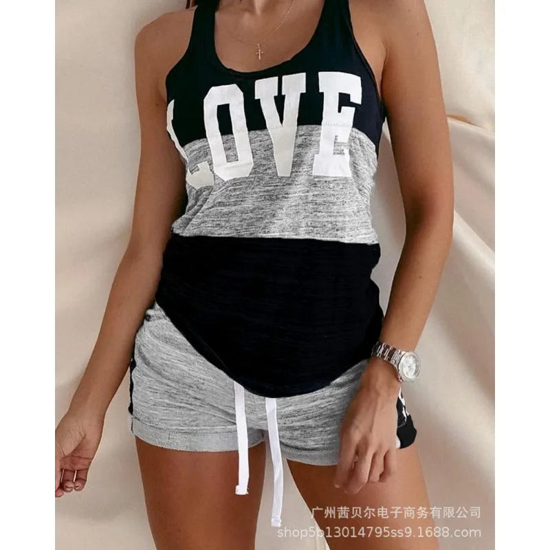 Women's Sleeveless Vest Top Drawstring Mid Waist Shorts Two-Piece Set 2024 New Eye Catching lounge wear