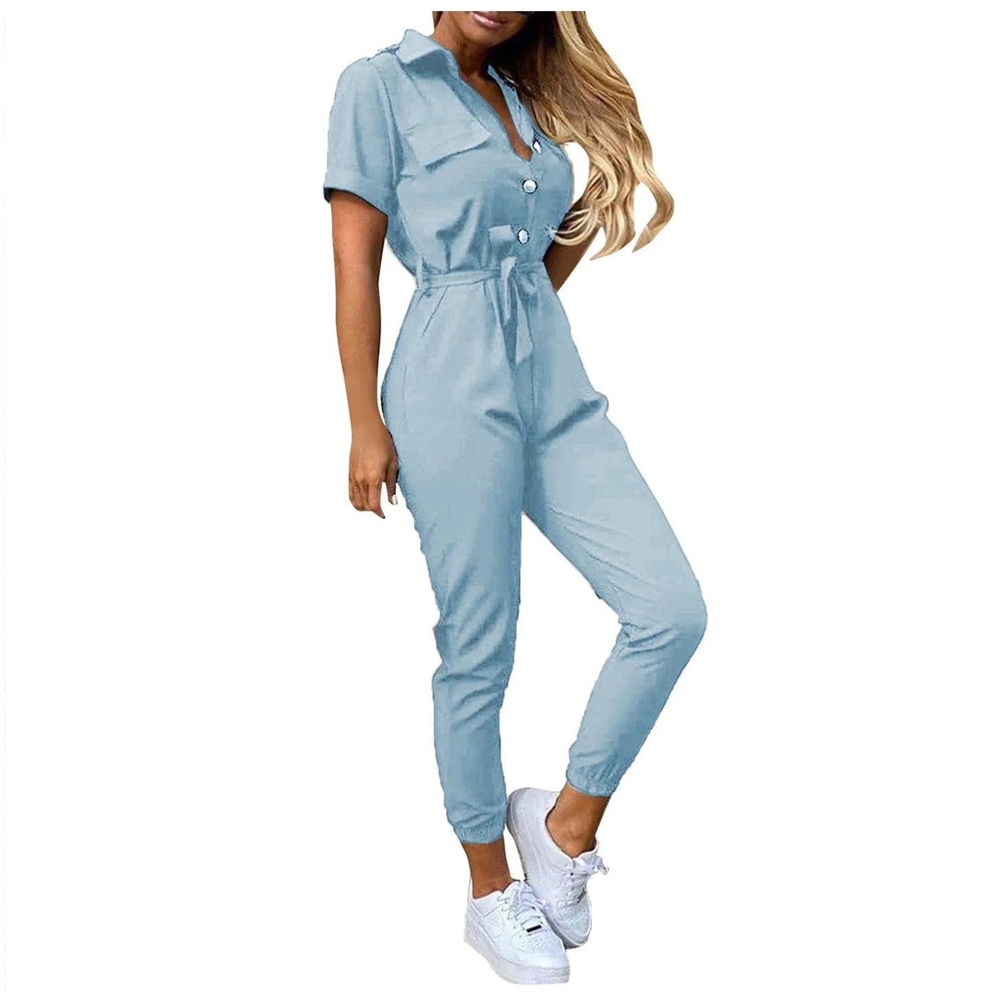 Women's Casual Lapel Lace-Up Printed Belt Short Sleeve Jumpsuit Summer Fashion Workwear Keep Short Eye Catching Junior Size
