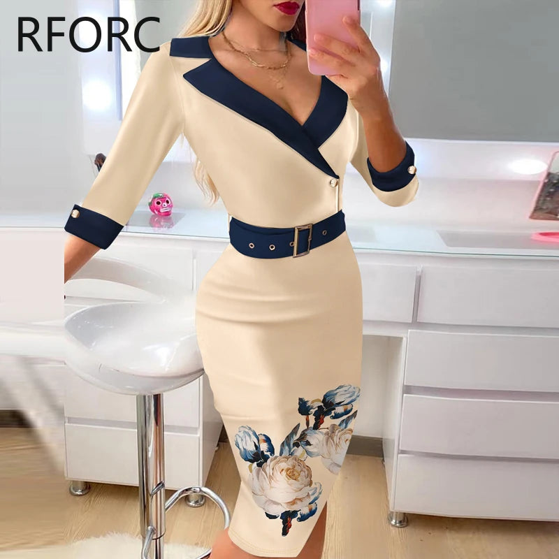Women Floral Print with Belts Notched Collar Half Long Sleeves Midi Bodycon Formal Party Dress