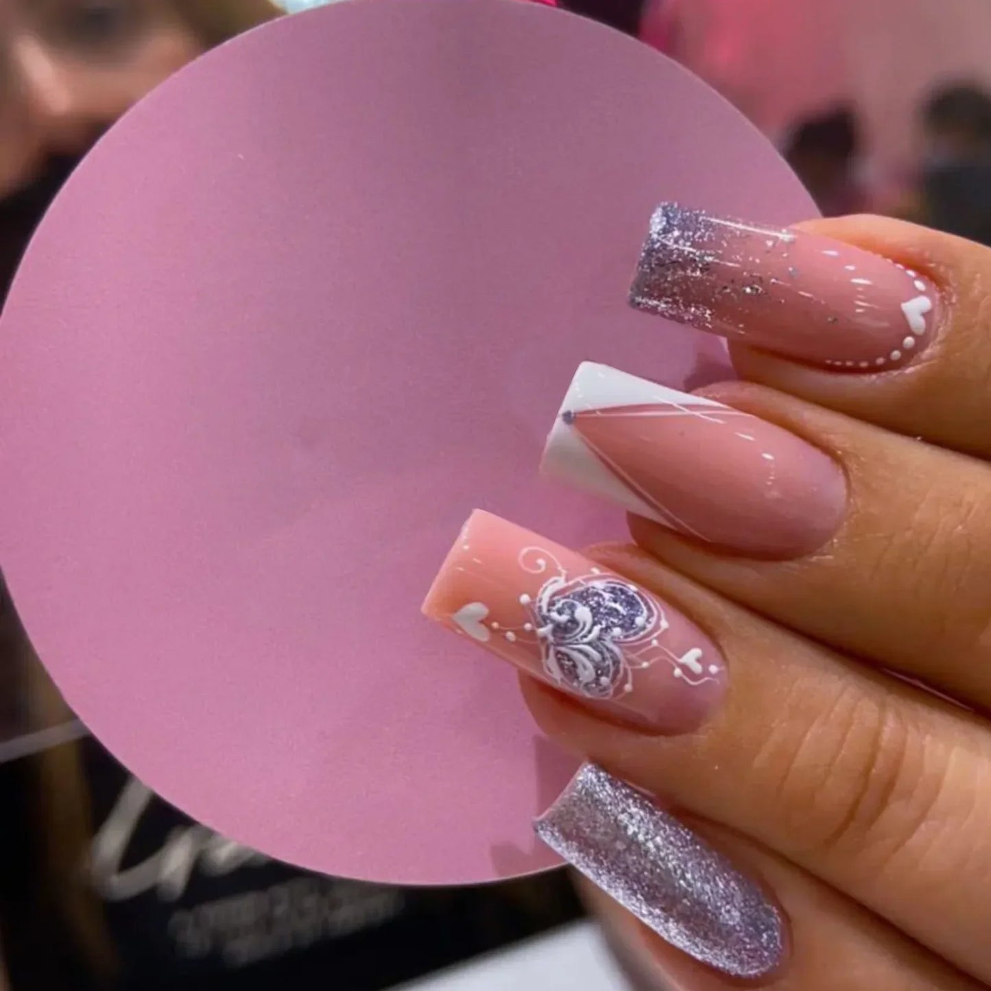 24Pcs Shimmery Long Coffin False Nails with Glue Ballerina Nail Design Sweet Fashion French Press on Acrylic Nails Manicure Tips