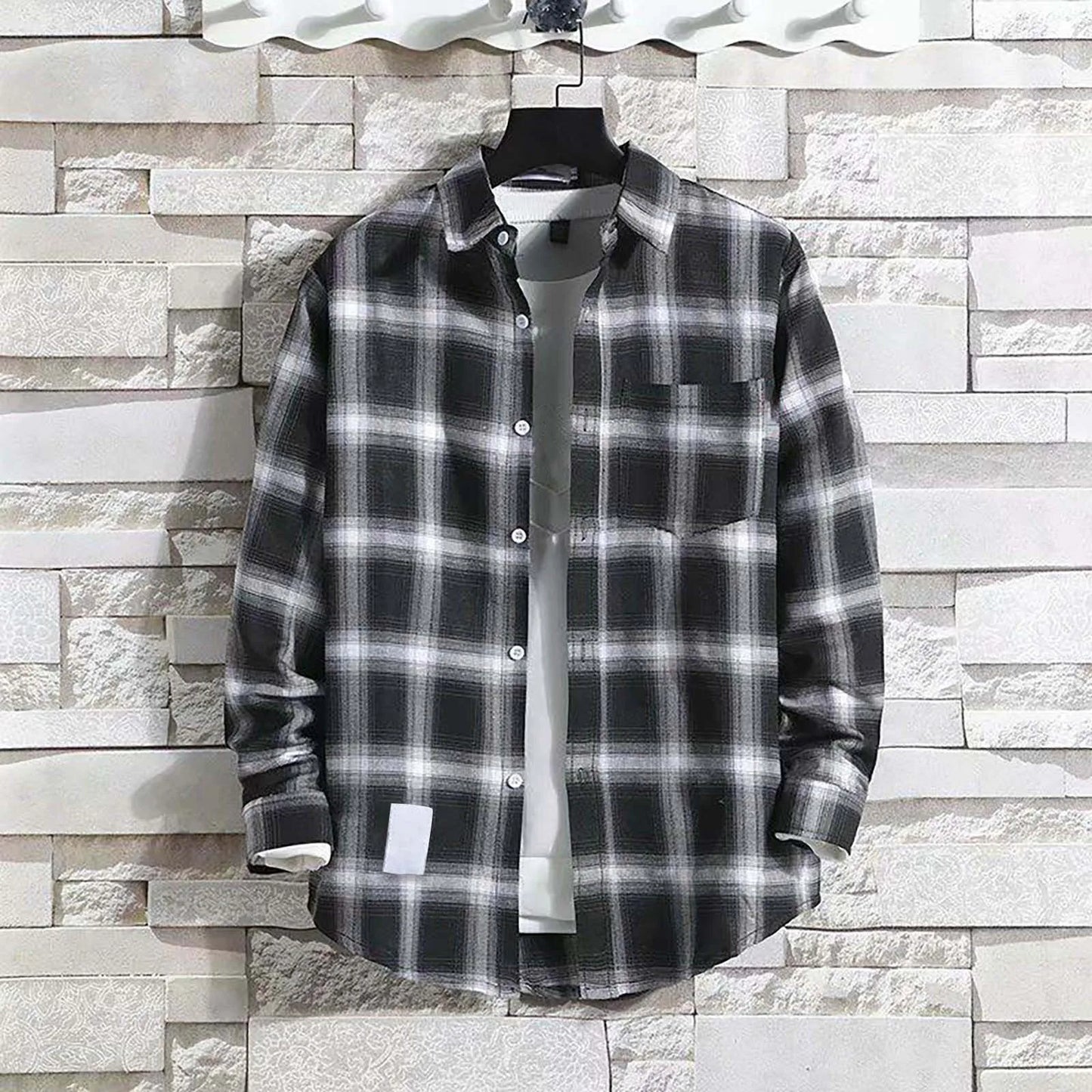 Checkered Printed Shirt Lapel With Single Breasted Chest Pocket Long Sleeved Top Men'S Autumn Fashionable Casual Cardigan