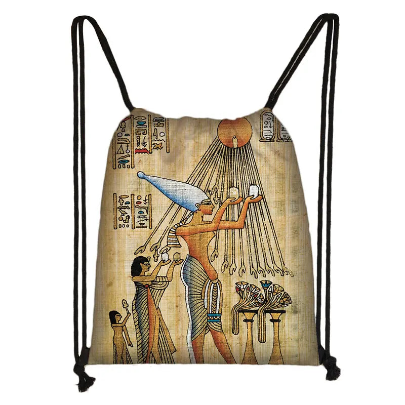 Egyptian hieroglyphic drawstring bag with pharaoh design, ancient art print, casual carryall