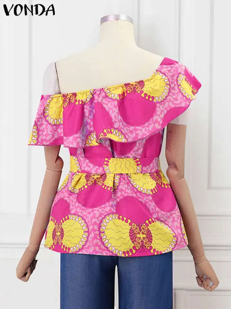 Elegant Women's Ruffled Blouses with Sexy Skew Collar Summer Fashion Short Sleeve Belted Casual Loose Shirts