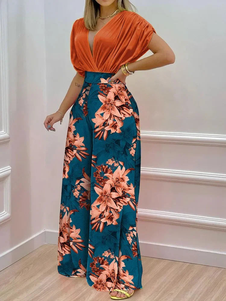 Ladies Fashion V-Neck Work Wide Leg Office Trousers Suit 2022 Summer 2 Pieces Set For Women Short Sleeve Top And Long Pant Suits