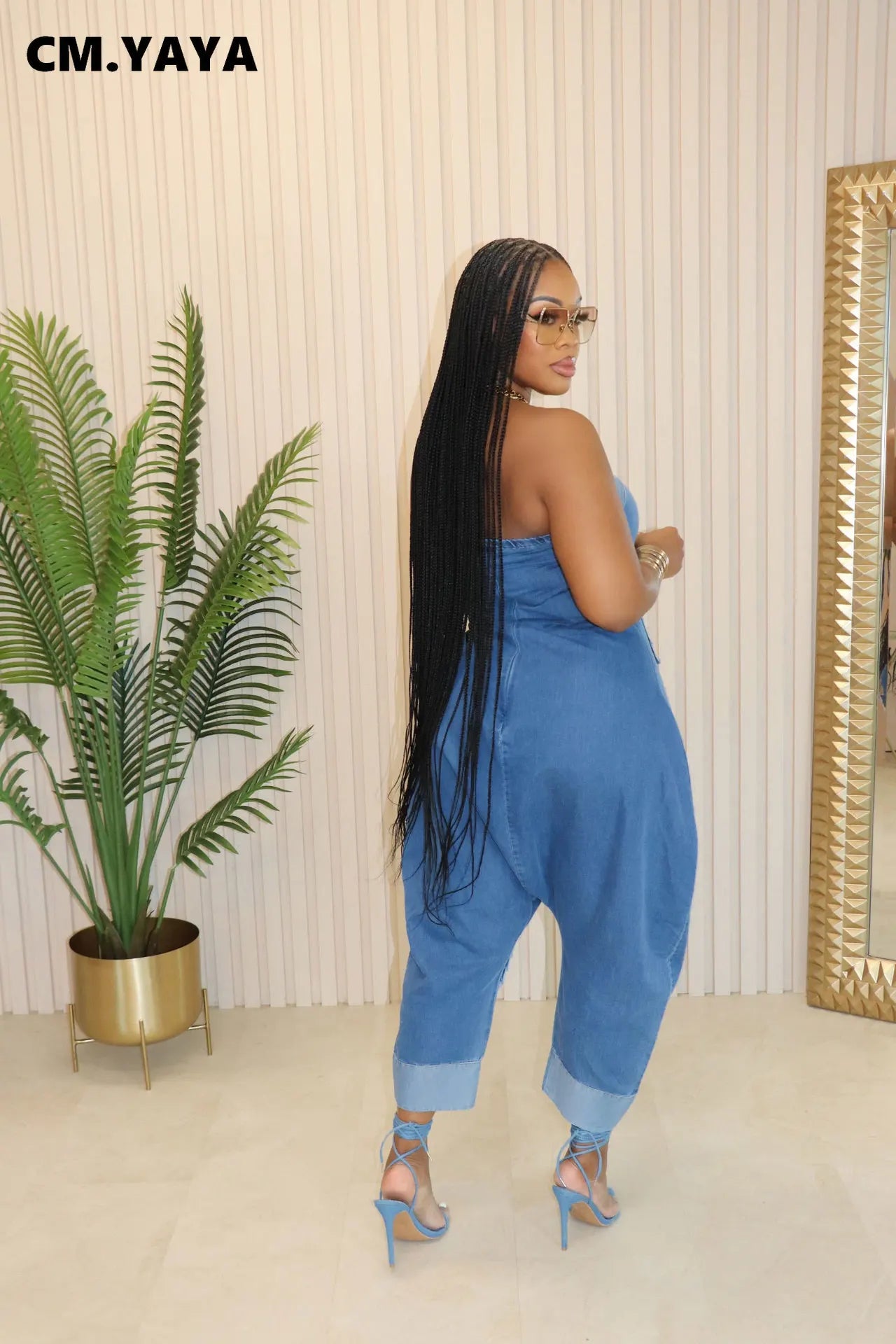 CM.YAYA Women Strapless Sleeveless Pockets Cargo Wide Leg Denim Jumpsuits 2024 Washed Oufits Street One Piece Loose Rompers