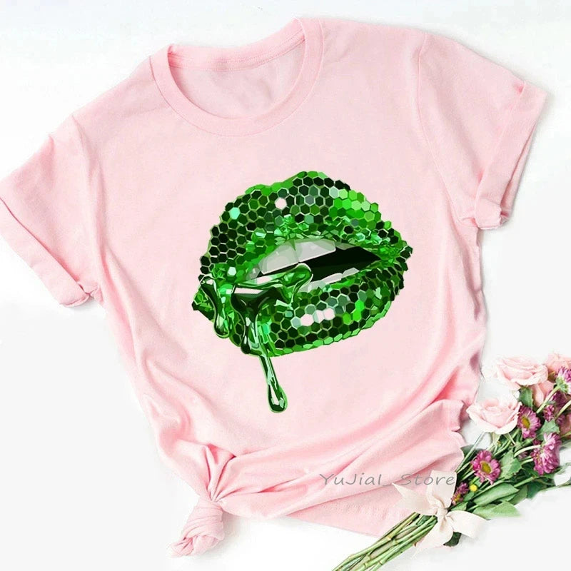 Pink Glitter Lips Graphic Print Tshirt Women'S Clothing Luxurious Makeup T Shirt Haut Femme Aesthetic Clothes T-Shirt