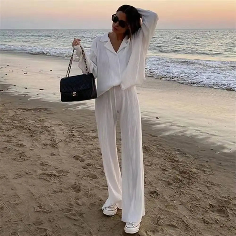 New Spring And Autumn Suit Women's Pleated Lapel Shirt Loose Casual Suit Solid Color Drape Pleated Casual Suit