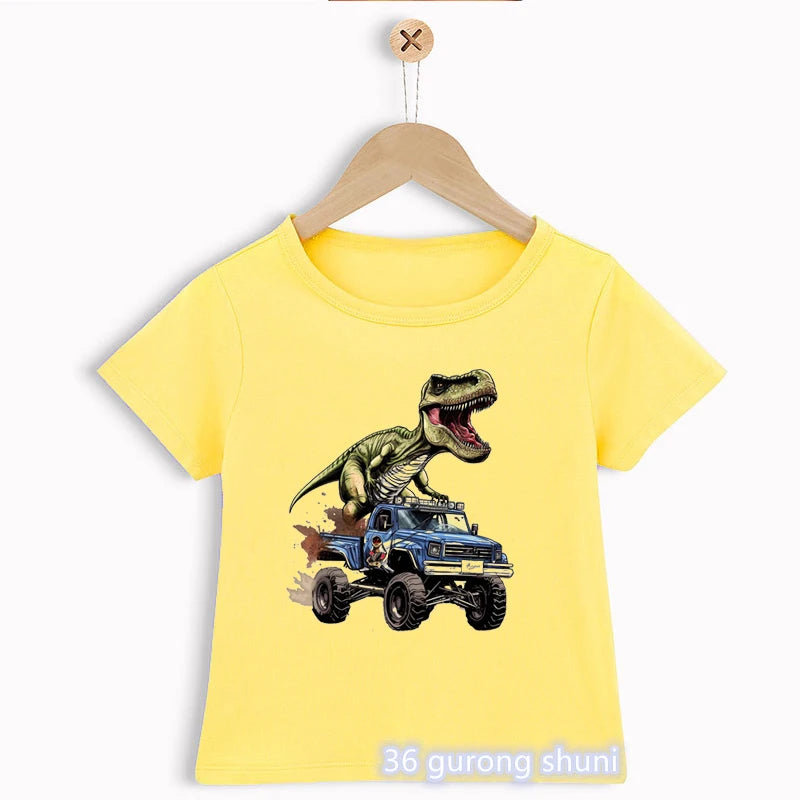 Cute Monster Truck T-Shirt for Kids Harajuku Style Dinosaur Print Suitable for Girls Boys Funny Children's Clothing