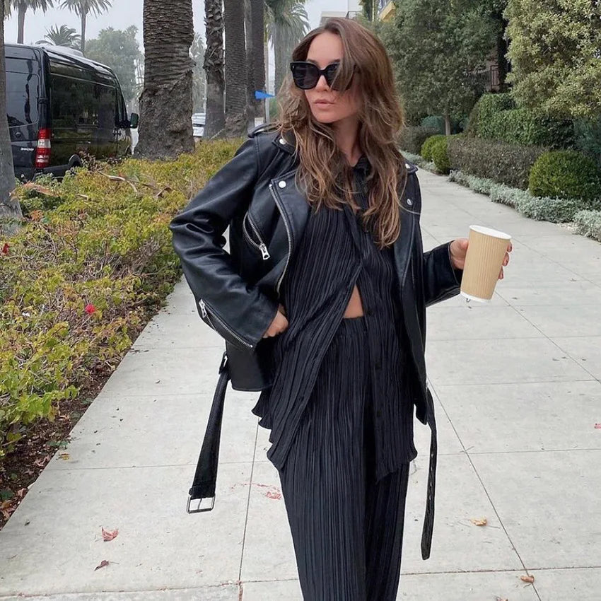 New Spring And Autumn Suit Women's Pleated Lapel Shirt Loose Casual Suit Solid Color Drape Pleated Casual Suit