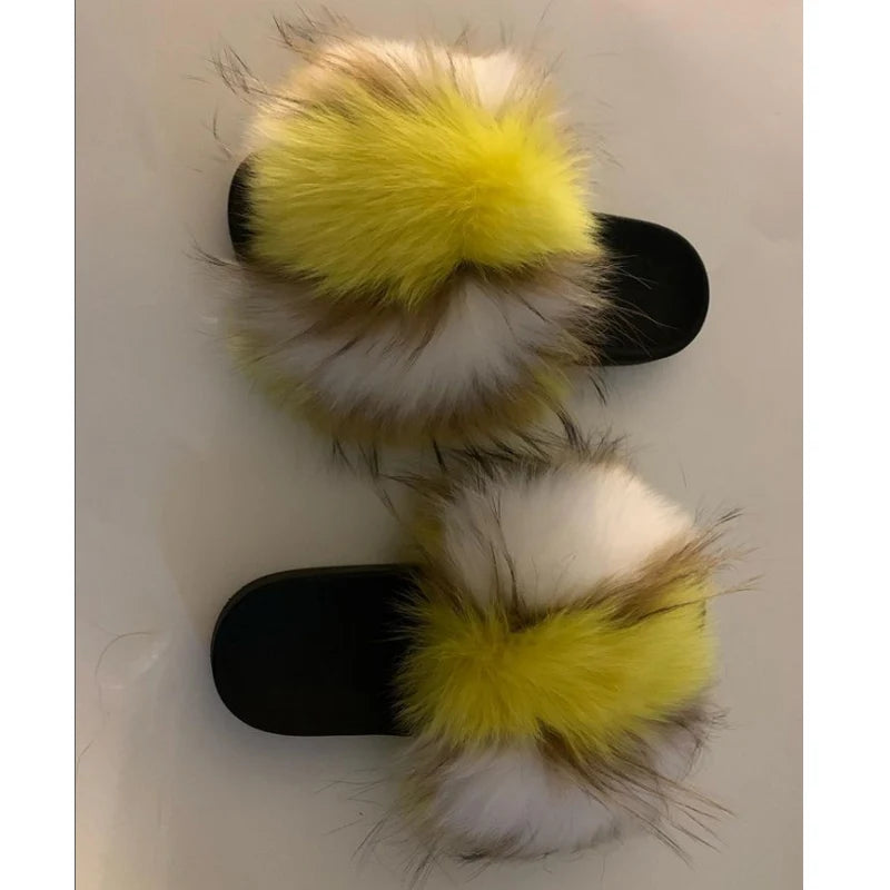 Rainbow Fur Slides Women's Furry Plush Raccoon Fox Fur Slippers Indoor Flat Non-Slip Summer Beach Flip Flops Large Size Sandals