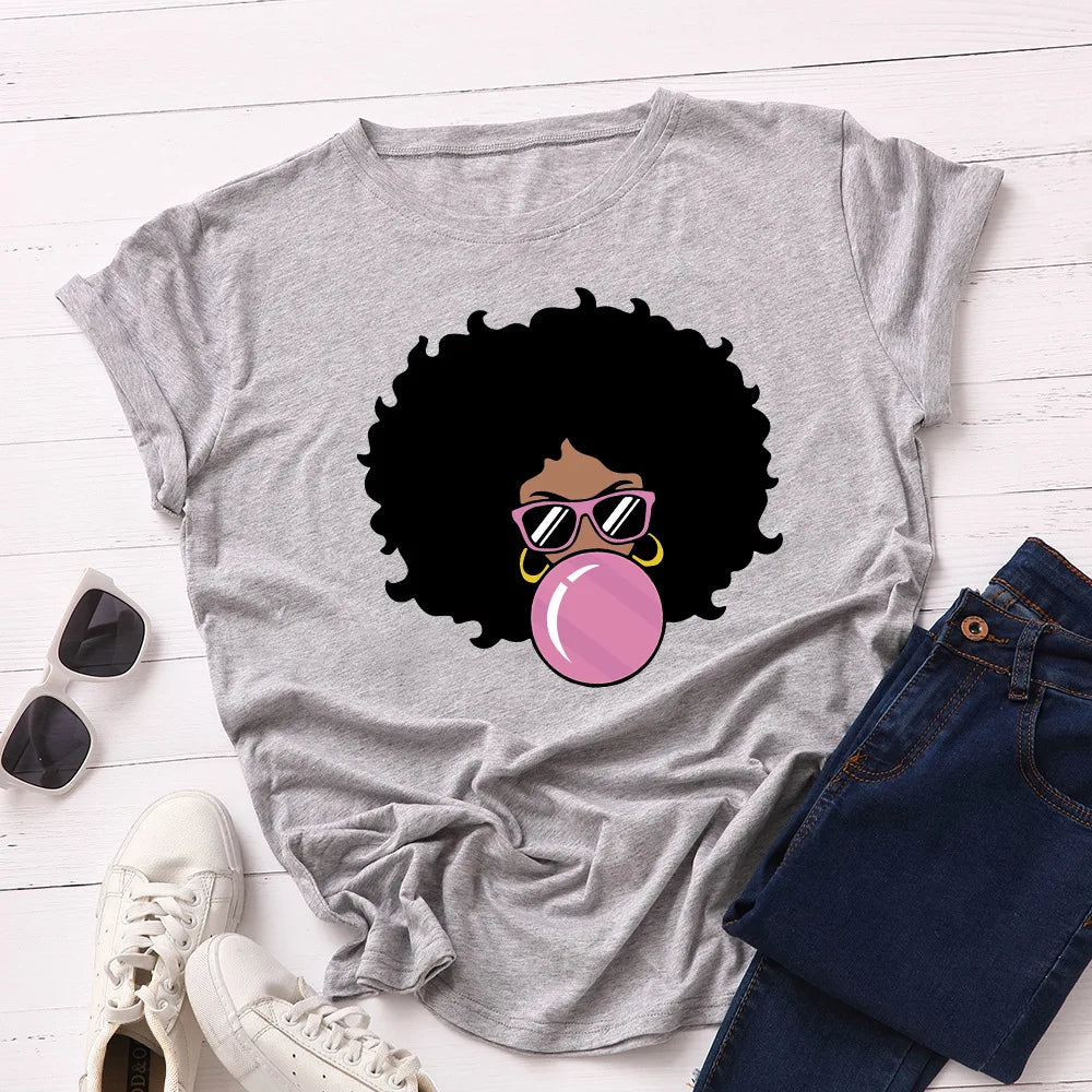 Funny Melanin T Shirt Women Cute Bubble Gum Curly Hair Black Girl Print Tshirt Top Tee Summer Harajuku Ulzzang T-shirt