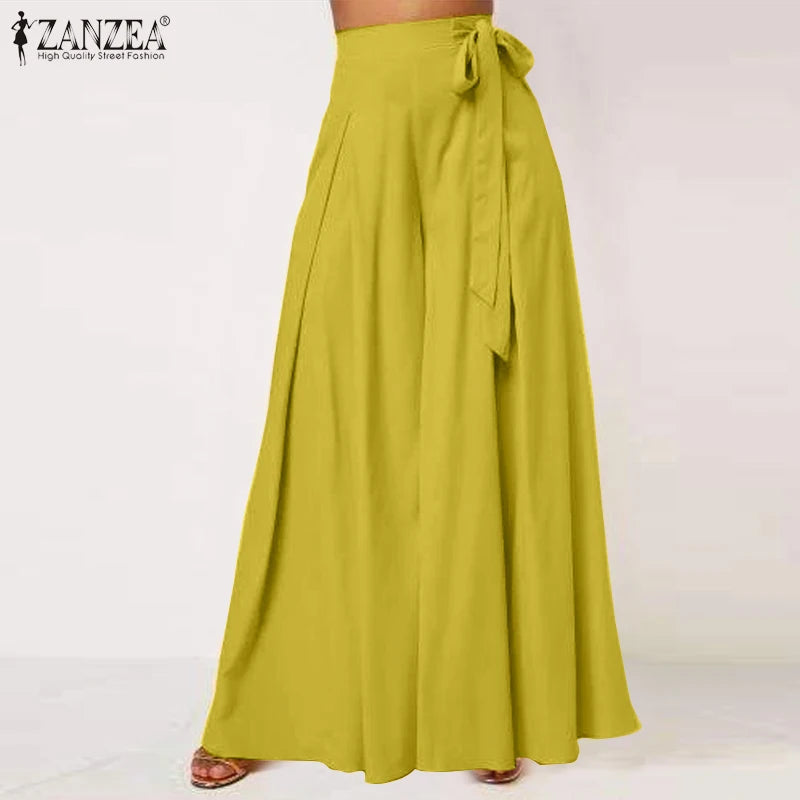 Elegant High Waist Solid Work Trousers ZANZEA Fashion Summer Women Loose Wide Leg Pants Palazzo Oversized Bow Tie Long Pantalon