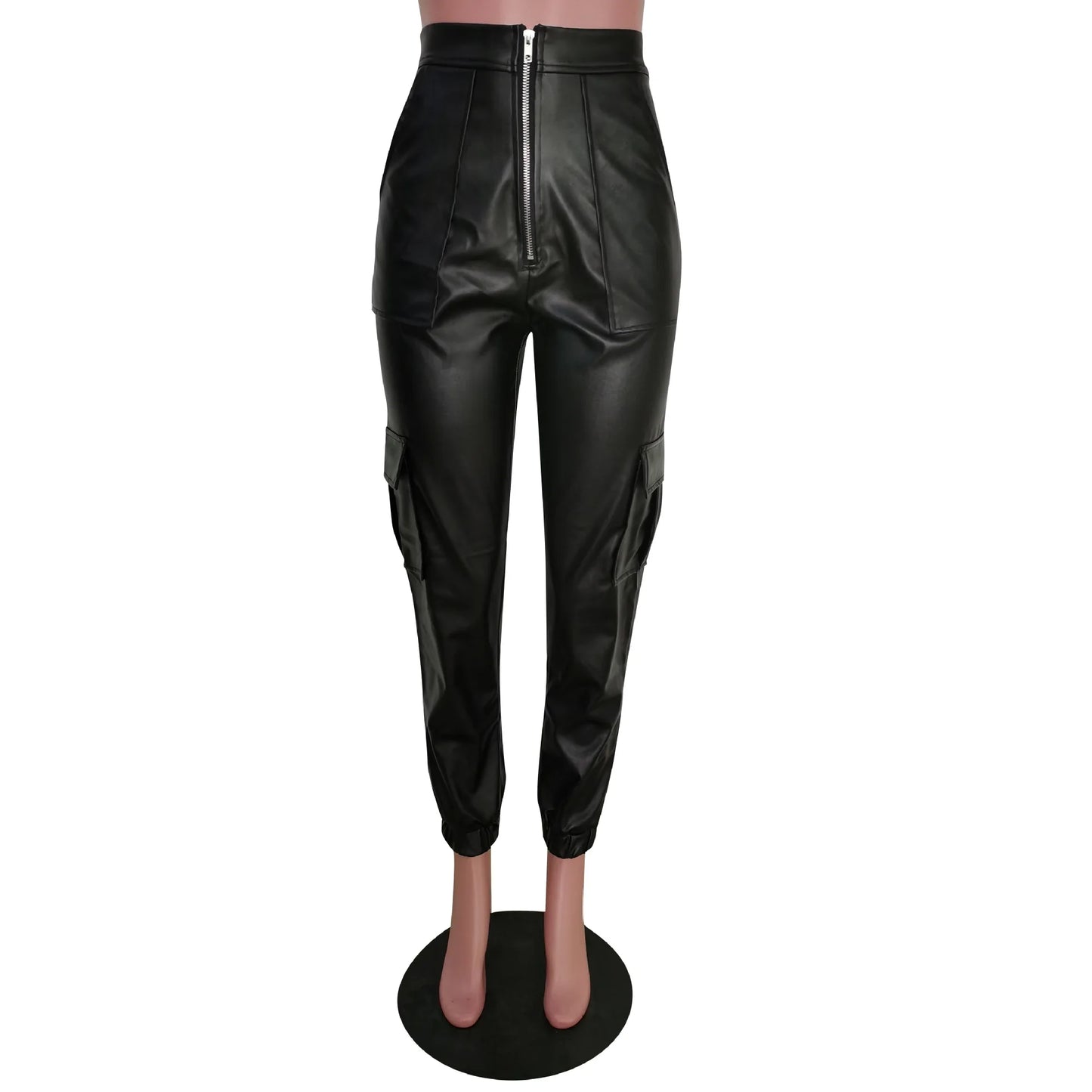 Autumn Winter Fashion Women's Trousers Faux Leather High Waisted Joggers with Zipper Multi Pocket Straight-Leg Cargo Pants