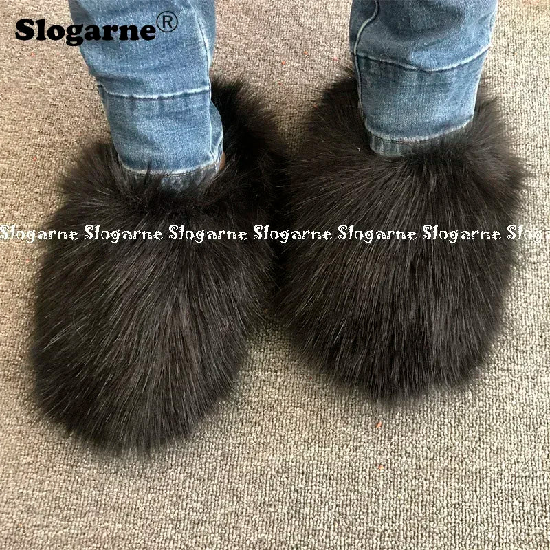 New Colorful Raccoon Fur Slippers Women Winter Faux Fur Shoes Ladies Luxury Furry Slippers Girls Artificial Fox Furs Slides Shoe