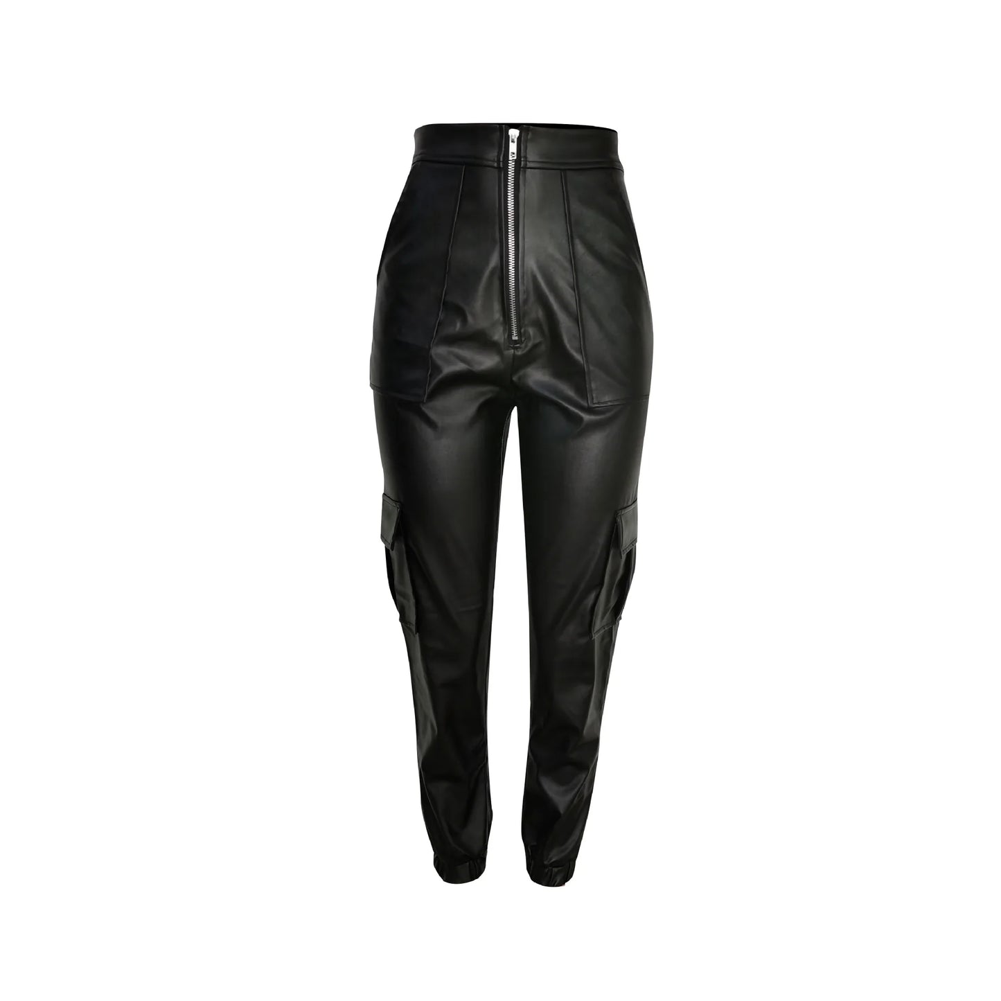 Autumn Winter Fashion Women's Trousers Faux Leather High Waisted Joggers with Zipper Multi Pocket Straight-Leg Cargo Pants