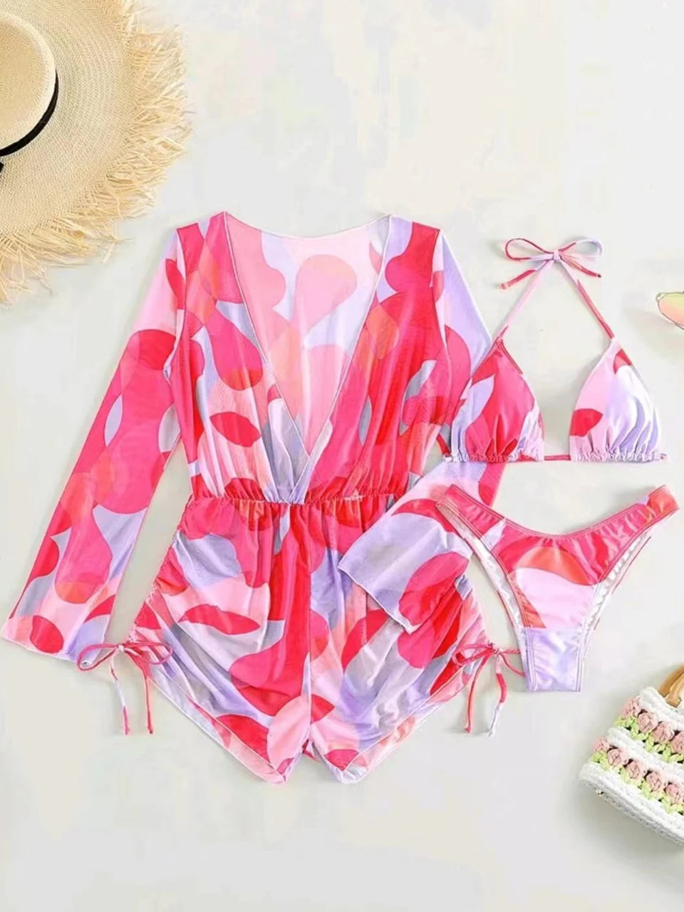 3 pieces Halter Bikini Tropical Print Swimsuit Drawstring Side Swimwear Women Long Sleeve Bathing Suit Female Swimming Beachwear