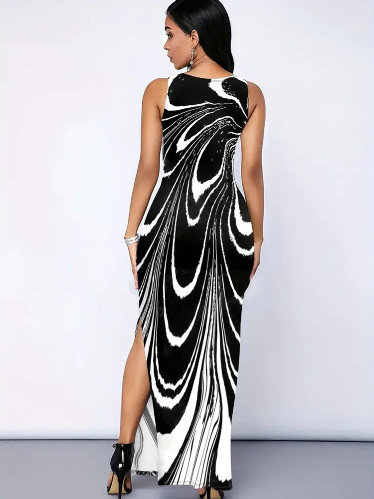 Allover Print Split Tank Dress, Elegant Bodycon Sleeveless Maxi Dress For Spring & Summer, Women's Clothing
