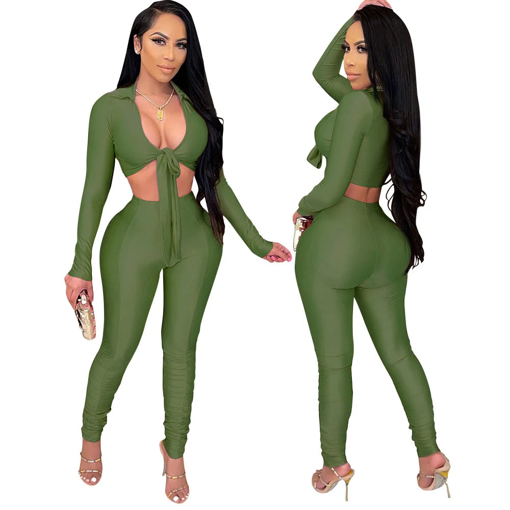 Women's Fashion Casual Slim Fit Two-Piece Set Open Shirt Butterfly Knot Long Sleeve Top with Long Pants Eye-Catching Streetwear