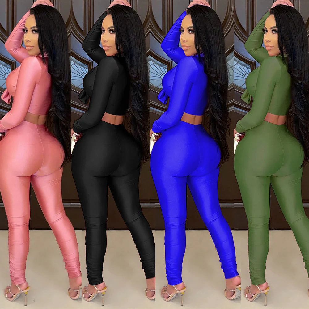 Women's Fashion Casual Slim Fit Two-Piece Set Open Shirt Butterfly Knot Long Sleeve Top with Long Pants Eye-Catching Streetwear