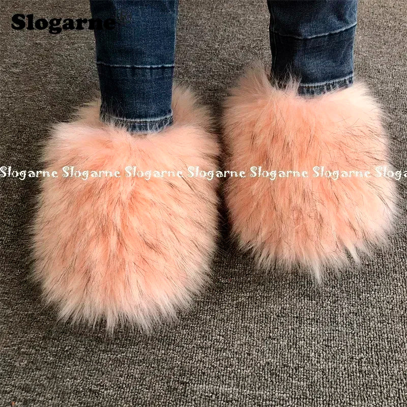New Colorful Raccoon Fur Slippers Women Winter Faux Fur Shoes Ladies Luxury Furry Slippers Girls Artificial Fox Furs Slides Shoe