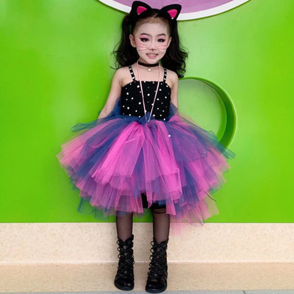 Baby Girls Black Cat Dress for Kids Birthday Outfits Toddler Girl Halloween Costumes Children Animal Dresses with Headband Set