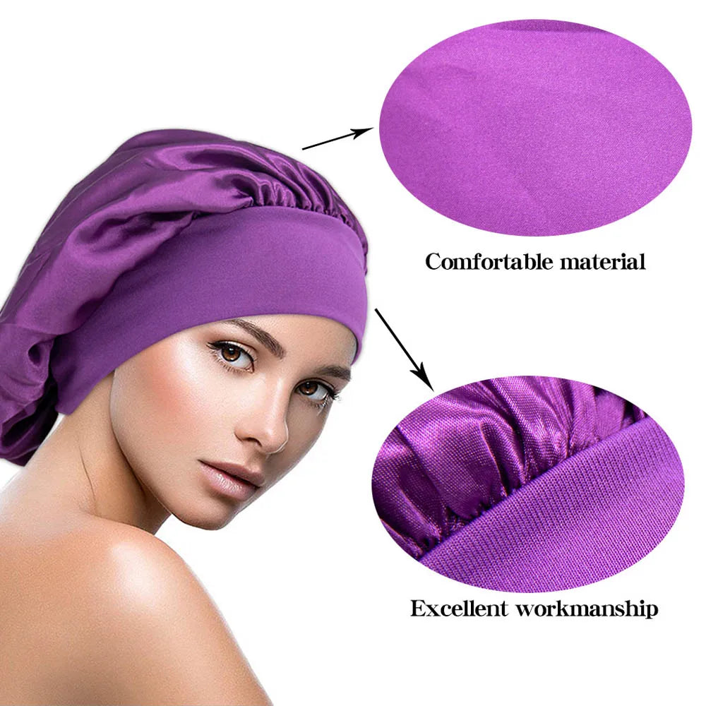 Comfortable Wide Silk Lady Women Bath Hair Care Hair Cap Satin Bonnet Shower Caps Sleeping Hat